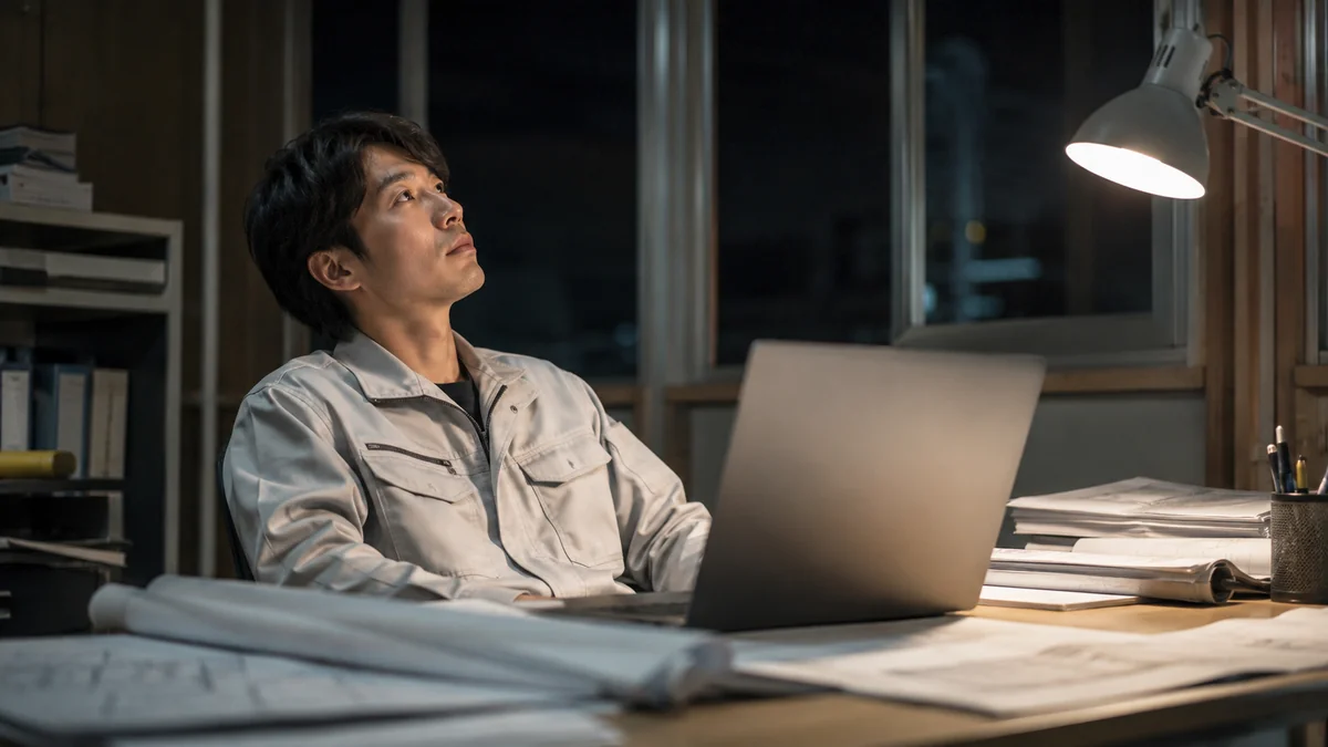 夜の現場事務所で、パソコンの前に座った施工管理者が天井を見上げて考え込んでいる