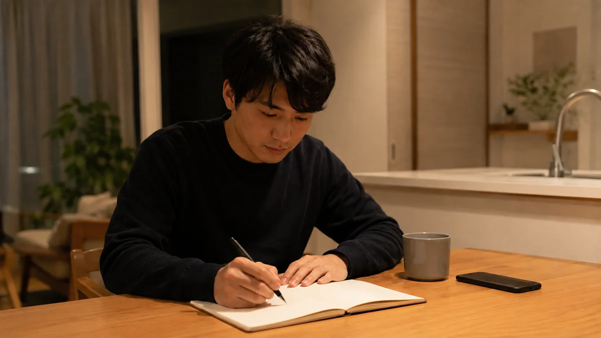 自宅のダイニングテーブルで、ノートに経験や資格を書き出している男性