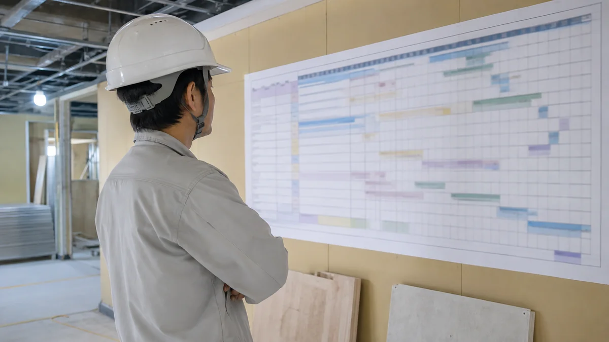 建設現場で壁に貼られた工程表の前に立ち、腕を組んで見上げている作業着の男性