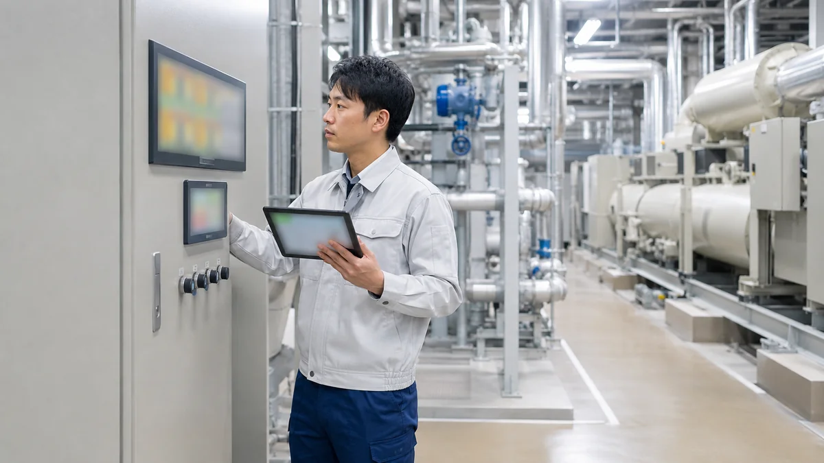 建物の機械室で、タブレットを手に計器盤の数値を確認している設備管理者