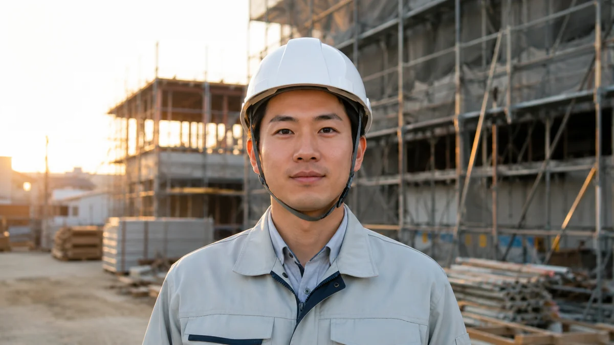 早朝の建設現場を背景に、正面を向いて立つ設備施工管理の男性